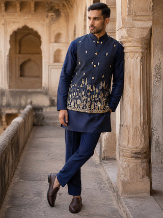 Embroidered Nehru Jacket With Kurta Pyjama Set