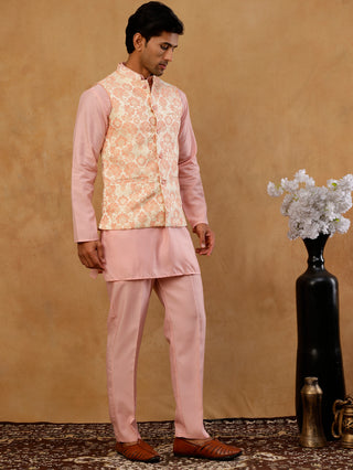 Men's Floral Woven Silk Blend Nehru Jacket with Kurta Pyjama