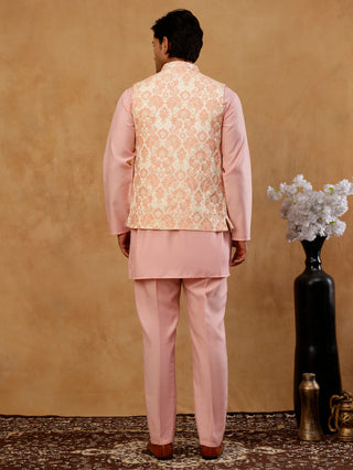 Men's Floral Woven Silk Blend Nehru Jacket with Kurta Pyjama