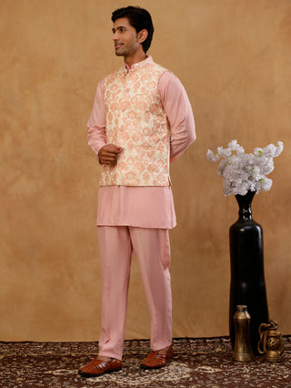 Men's Floral Woven Silk Blend Nehru Jacket with Kurta Pyjama