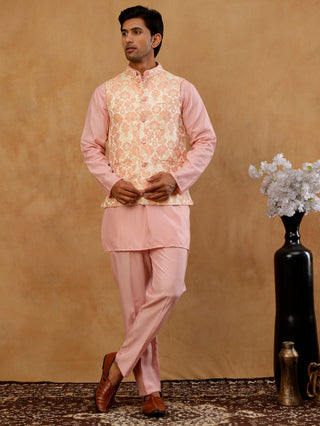 Men's Floral Woven Silk Blend Nehru Jacket with Kurta Pyjama