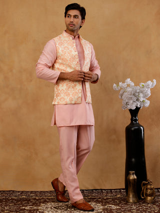 Men's Floral Woven Silk Blend Nehru Jacket with Kurta Pyjama