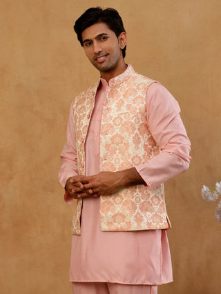 Men's Floral Woven Silk Blend Nehru Jacket with Kurta Pyjama
