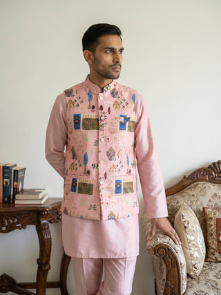 Men Cotton Blend Printed Nehru Jacket with Solid Kurta Set
