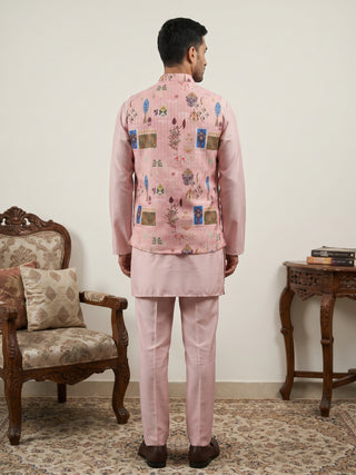 Men Cotton Blend Printed Nehru Jacket with Solid Kurta Set