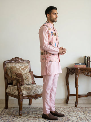 Men Cotton Blend Printed Nehru Jacket with Solid Kurta Set
