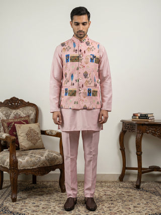 Men Cotton Blend Printed Nehru Jacket with Solid Kurta Set