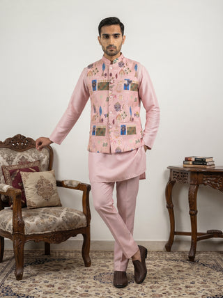 Men Cotton Blend Printed Nehru Jacket with Solid Kurta Set
