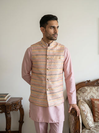 Men Cotton Blend Woven Nehru Jacket with Kurta Set