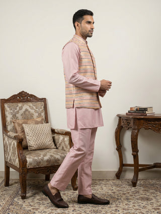 Men Cotton Blend Woven Nehru Jacket with Kurta Set