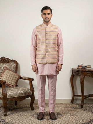 Men Cotton Blend Woven Nehru Jacket with Kurta Set