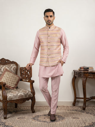 Men Cotton Blend Woven Nehru Jacket with Kurta Set