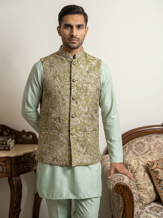 Men's Floral Jacquard Silk Blend Nehru Jacket with Kurta Set