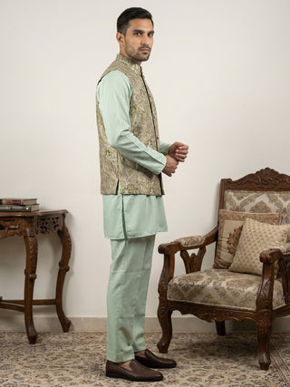Men's Floral Jacquard Silk Blend Nehru Jacket with Kurta Set