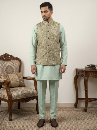 Men's Floral Jacquard Silk Blend Nehru Jacket with Kurta Set