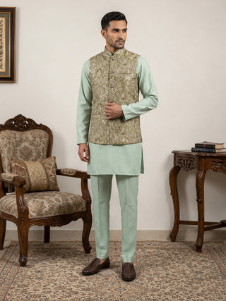 Men's Floral Jacquard Silk Blend Nehru Jacket with Kurta Set