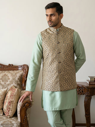 Men's Woven Design Silk Blend Nehru Jacket with Kurta Pyjama