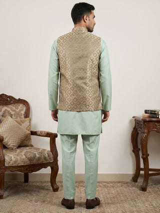 Men's Woven Design Silk Blend Nehru Jacket with Kurta Pyjama