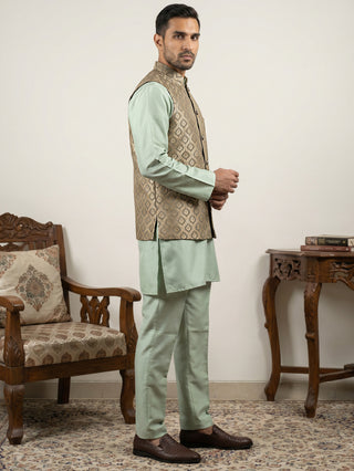 Men's Woven Design Silk Blend Nehru Jacket with Kurta Pyjama