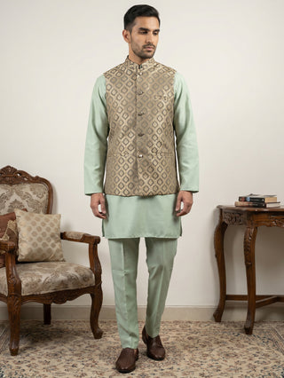 Men's Woven Design Silk Blend Nehru Jacket with Kurta Pyjama