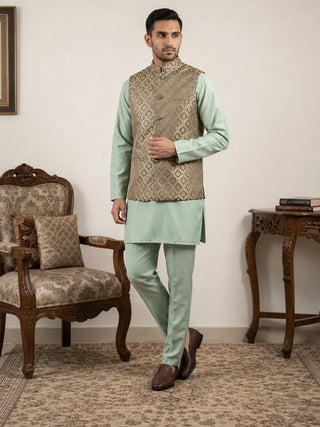 Men's Woven Design Silk Blend Nehru Jacket with Kurta Pyjama