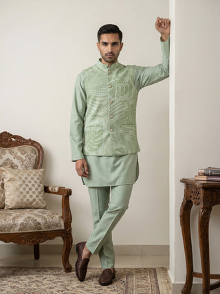 Men Printed Cotton Blend Nehru Jacket with Kurta Set
