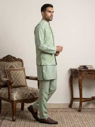 Men Printed Cotton Blend Nehru Jacket with Kurta Set