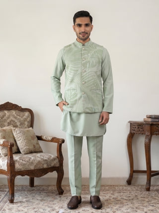 Men Printed Cotton Blend Nehru Jacket with Kurta Set
