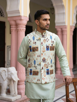 Men Cotton Blend Printed Nehru Jacket with Solid Kurta Set