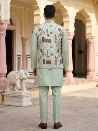 Men Cotton Blend Printed Nehru Jacket with Solid Kurta Set
