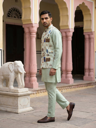 Men Cotton Blend Printed Nehru Jacket with Solid Kurta Set