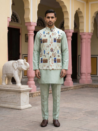 Men Cotton Blend Printed Nehru Jacket with Solid Kurta Set