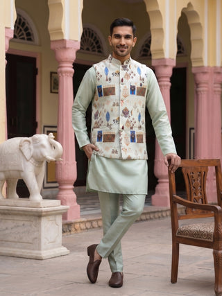 Men Cotton Blend Printed Nehru Jacket with Solid Kurta Set