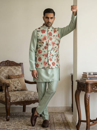 Men's Floral Printed Nehru Jacket with Kurta Pyjama Set