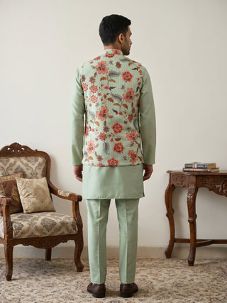 Men's Floral Printed Nehru Jacket with Kurta Pyjama Set
