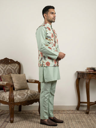 Men's Floral Printed Nehru Jacket with Kurta Pyjama Set