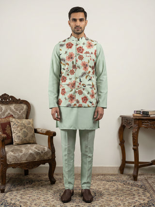 Men's Floral Printed Nehru Jacket with Kurta Pyjama Set
