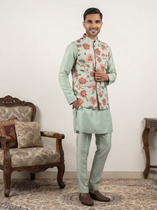 Men's Floral Printed Nehru Jacket with Kurta Pyjama Set