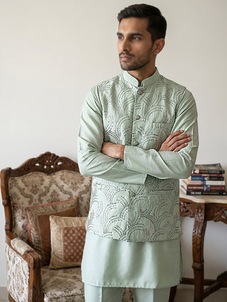Men's Designer Sequins Nehru Jacket with Kurta Pyjama