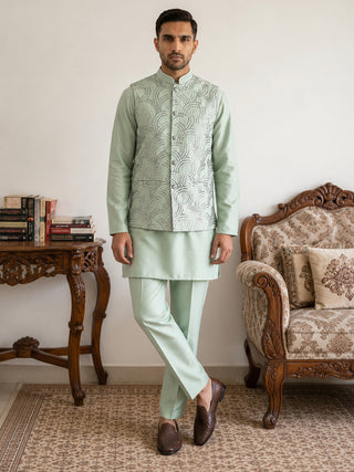 Men's Designer Sequins Nehru Jacket with Kurta Pyjama