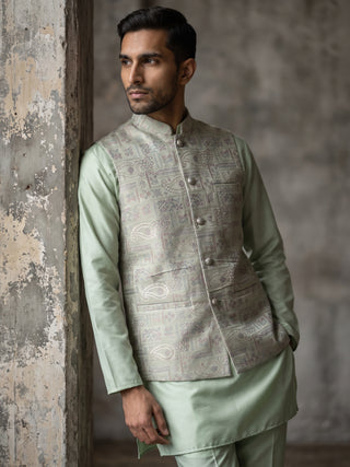Jacquard Silk Woven Nehru Jacket with Kurta Pyjama Set
