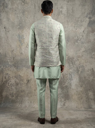 Jacquard Silk Woven Nehru Jacket with Kurta Pyjama Set