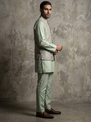 Jacquard Silk Woven Nehru Jacket with Kurta Pyjama Set