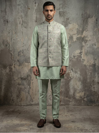 Jacquard Silk Woven Nehru Jacket with Kurta Pyjama Set