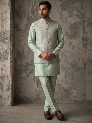 Jacquard Silk Woven Nehru Jacket with Kurta Pyjama Set