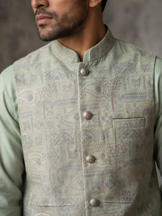 Jacquard Silk Woven Nehru Jacket with Kurta Pyjama Set