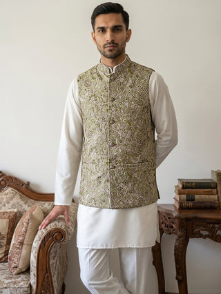 Men's Floral Jacquard Silk Blend Nehru Jacket with Kurta Set