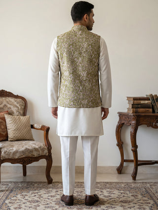 Men's Floral Jacquard Silk Blend Nehru Jacket with Kurta Set