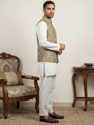 Men's Floral Jacquard Silk Blend Nehru Jacket with Kurta Set