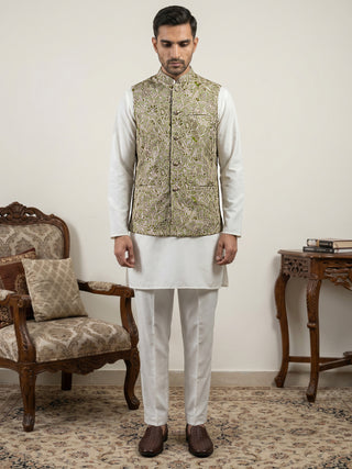 Men's Floral Jacquard Silk Blend Nehru Jacket with Kurta Set